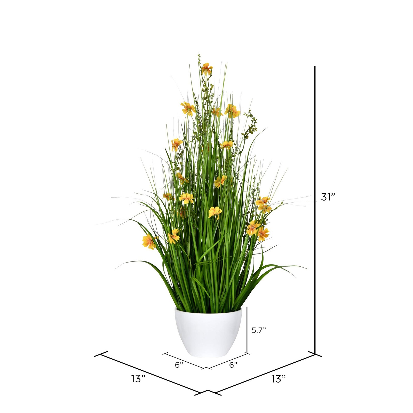 Vickerman 31″ Fabric Artificial Potted Cosmos with Green Grass in Yellow