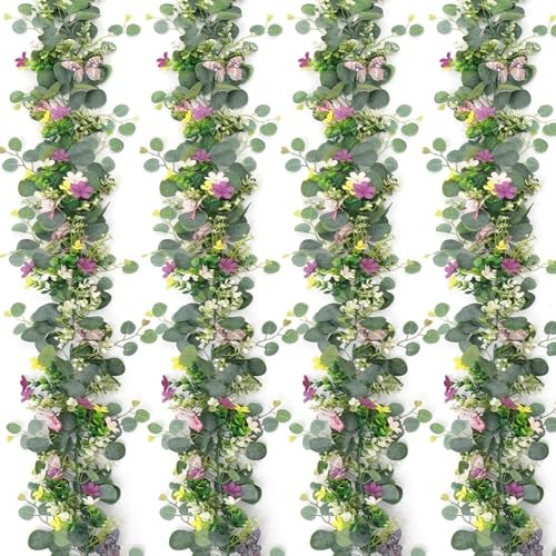 4 Pack 5.68 FT Artificial Daisy Garland with 3D 4PCS Butterfly Eucalyptus