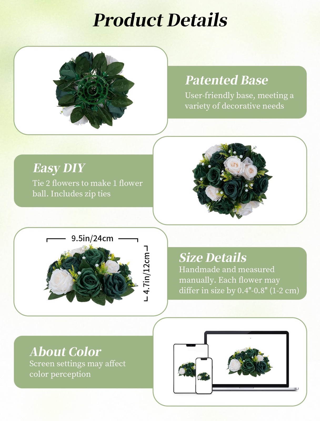 Green Flowers Artificial for Decoration 2 Pcs Fake Rose Balls Centerpiece for…