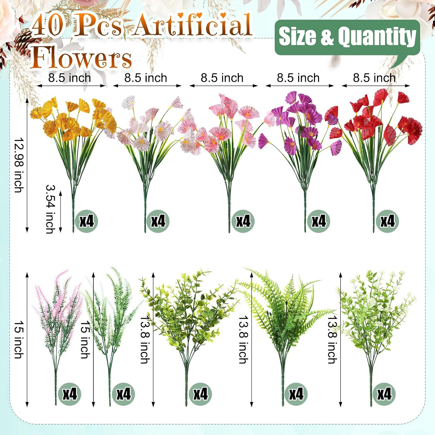 40 Bundles Artificial Flowers for Outdoor No Fade Faux Artificial Plants Shrubs
