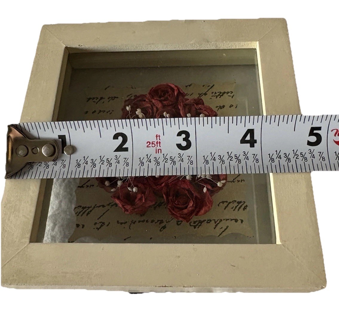 4.75” Preserved Red Roses w/ Newspaper Backing – Flower White Framed Shadow Box