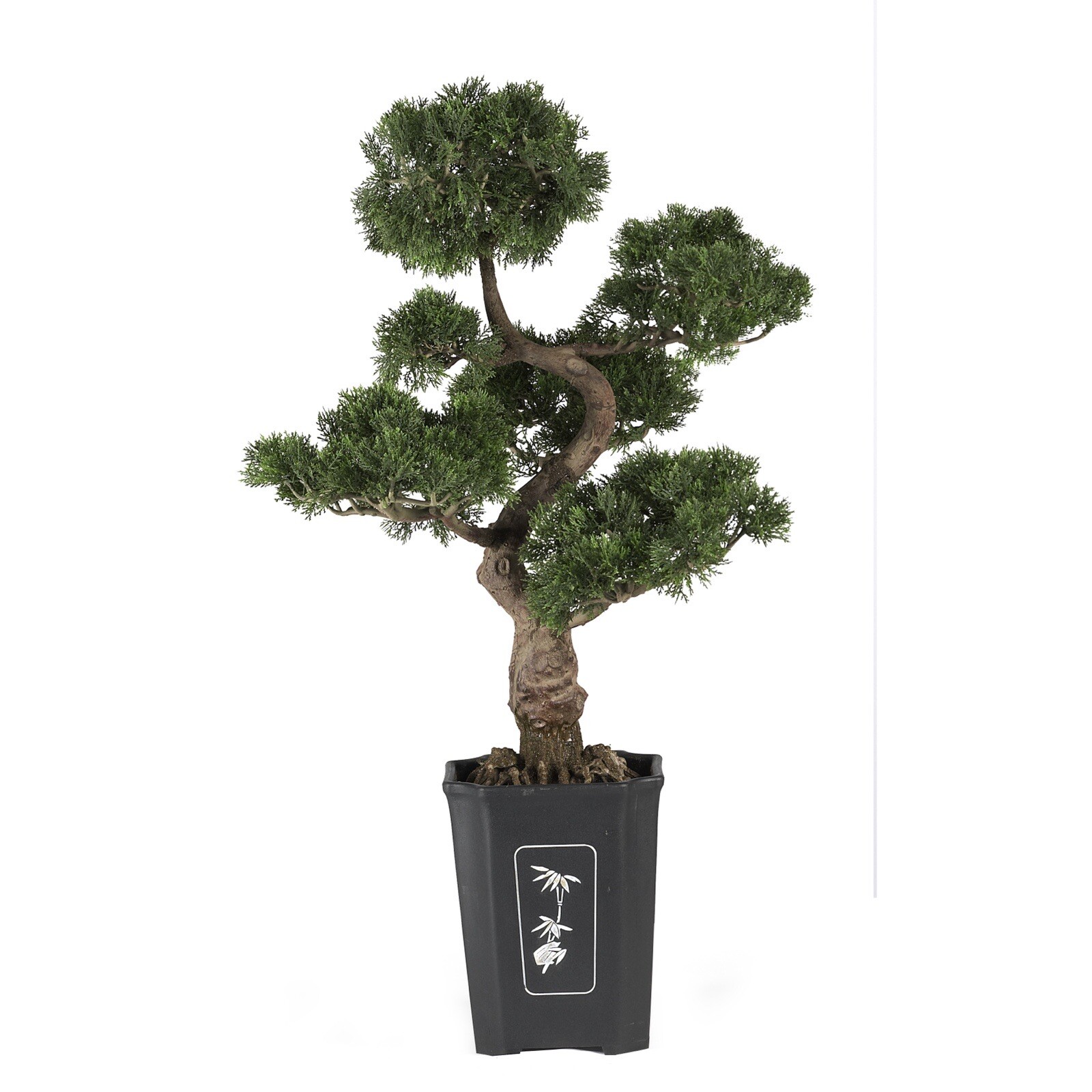 30″ Artificial Cedar Bonsai Tree w/517 Lvs in Square Black Vase. Retail $197