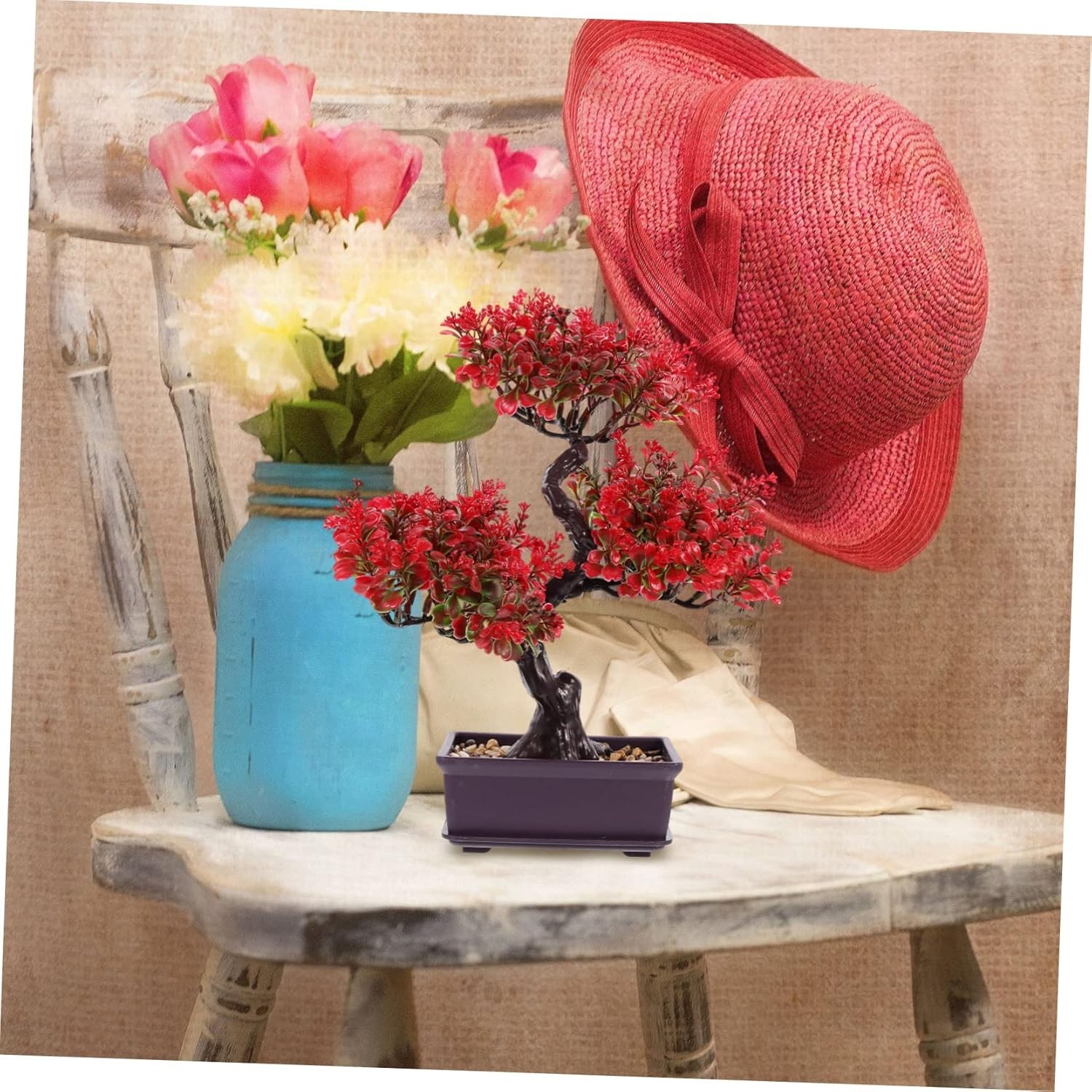 Home Decor Artificial Bonsai Tree Red Small Fake Plants Decor Indoor Faux Pot…