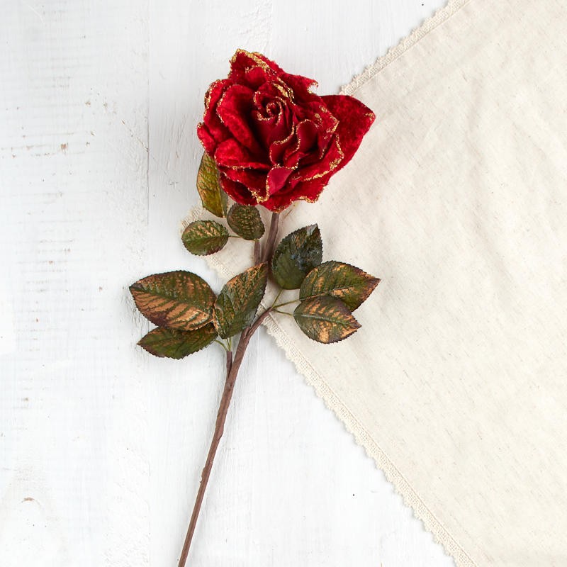 Set of 2 Sparkling Red Velvet Artificial Rose Stems