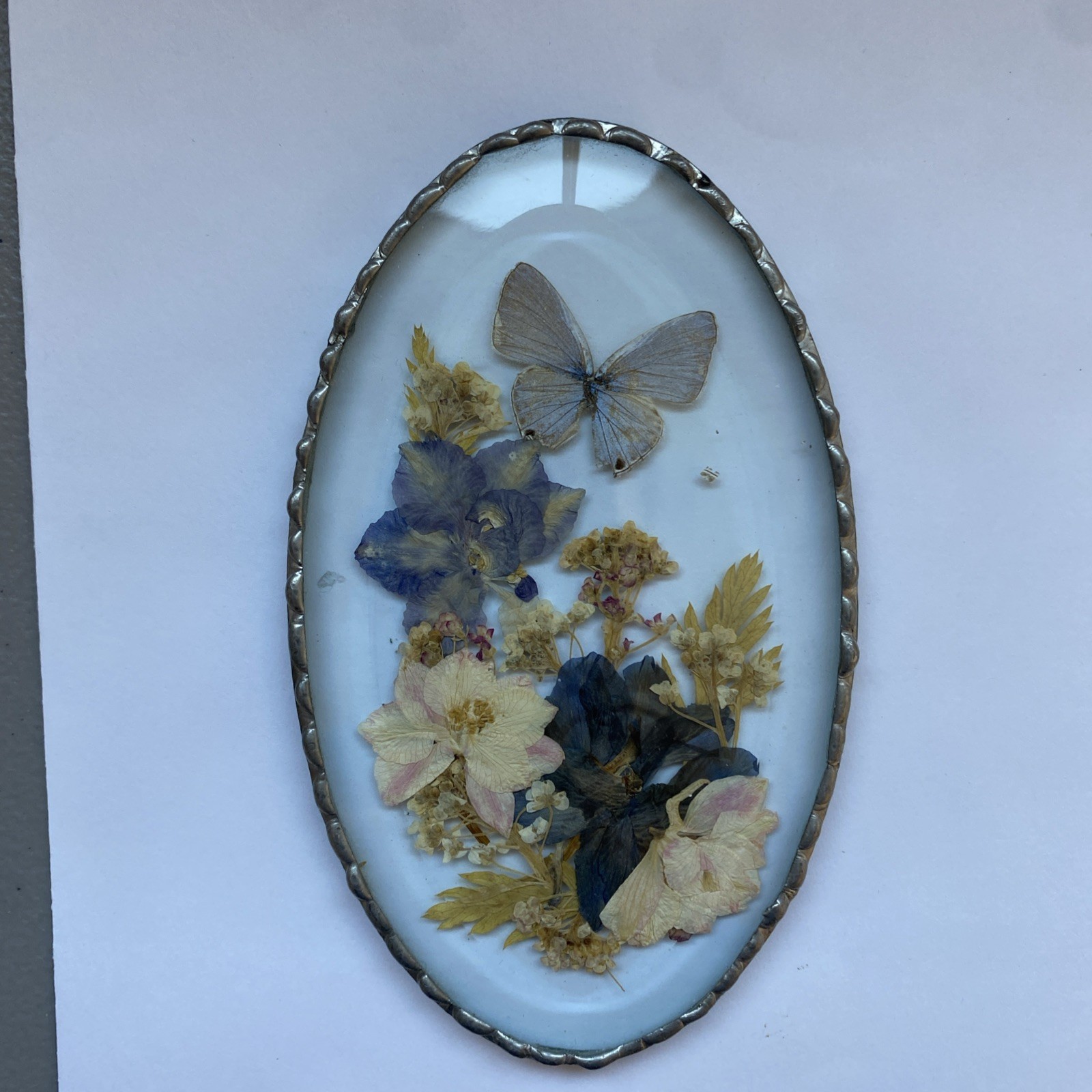 Vintage Pressed In Glass Butterfly & Flowers Pewter Frame Plaque Or Suncatcher