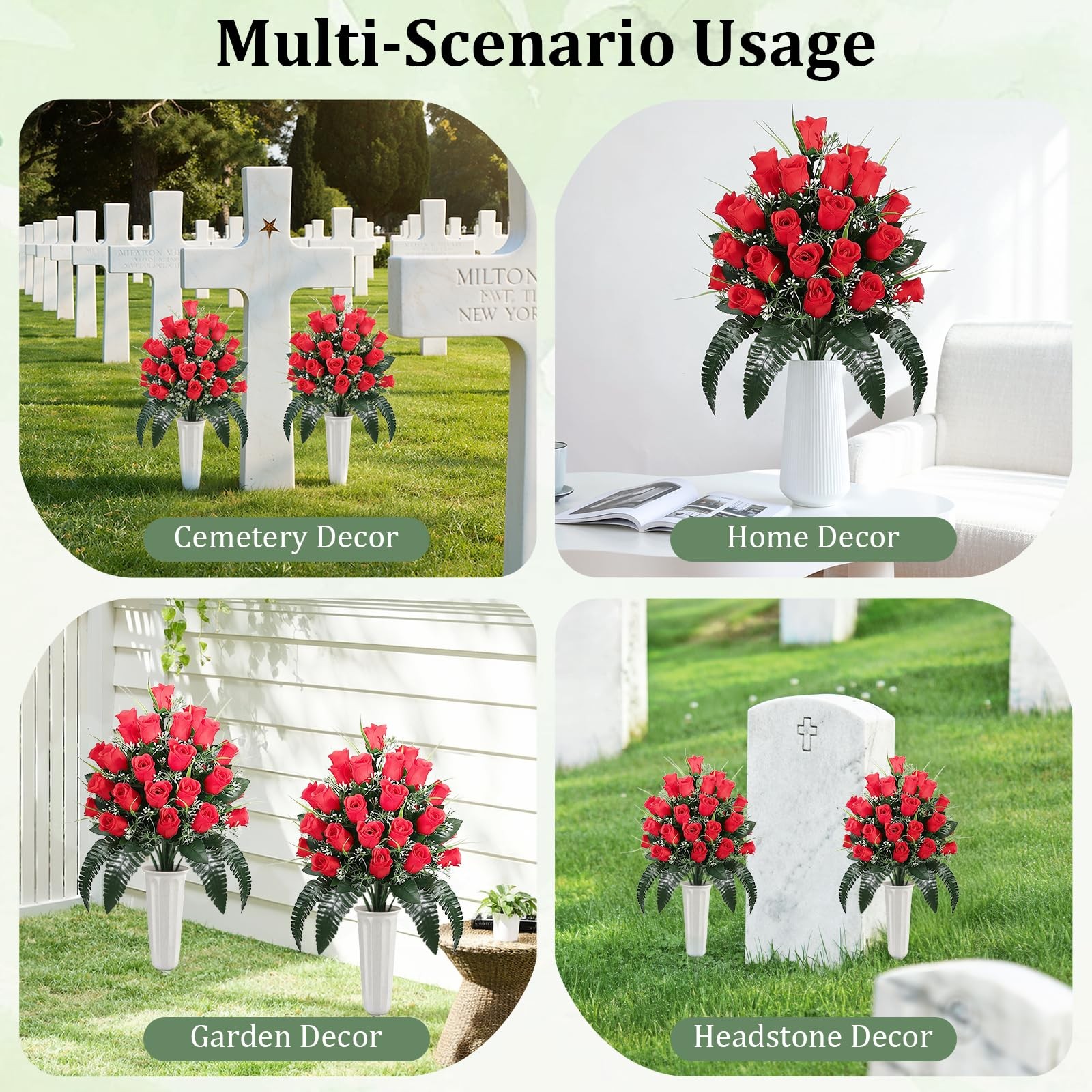 Lewondr Artificial Cemetery Flowers with Vase, 2 Sets Outdoor Grave Decoratio…