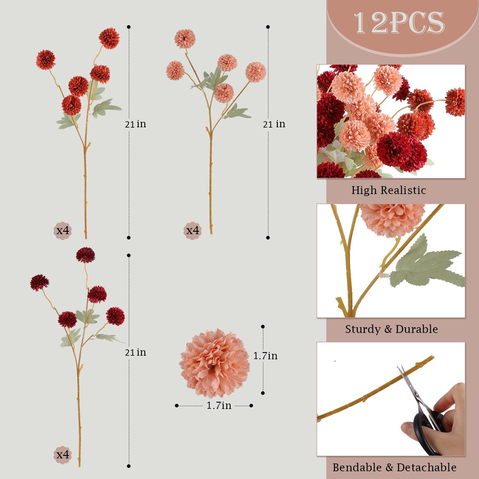 12 Pcs Artificial Chrysanthemum Flowers, Orange Kiku Pom Pom Mums Flower Faux…