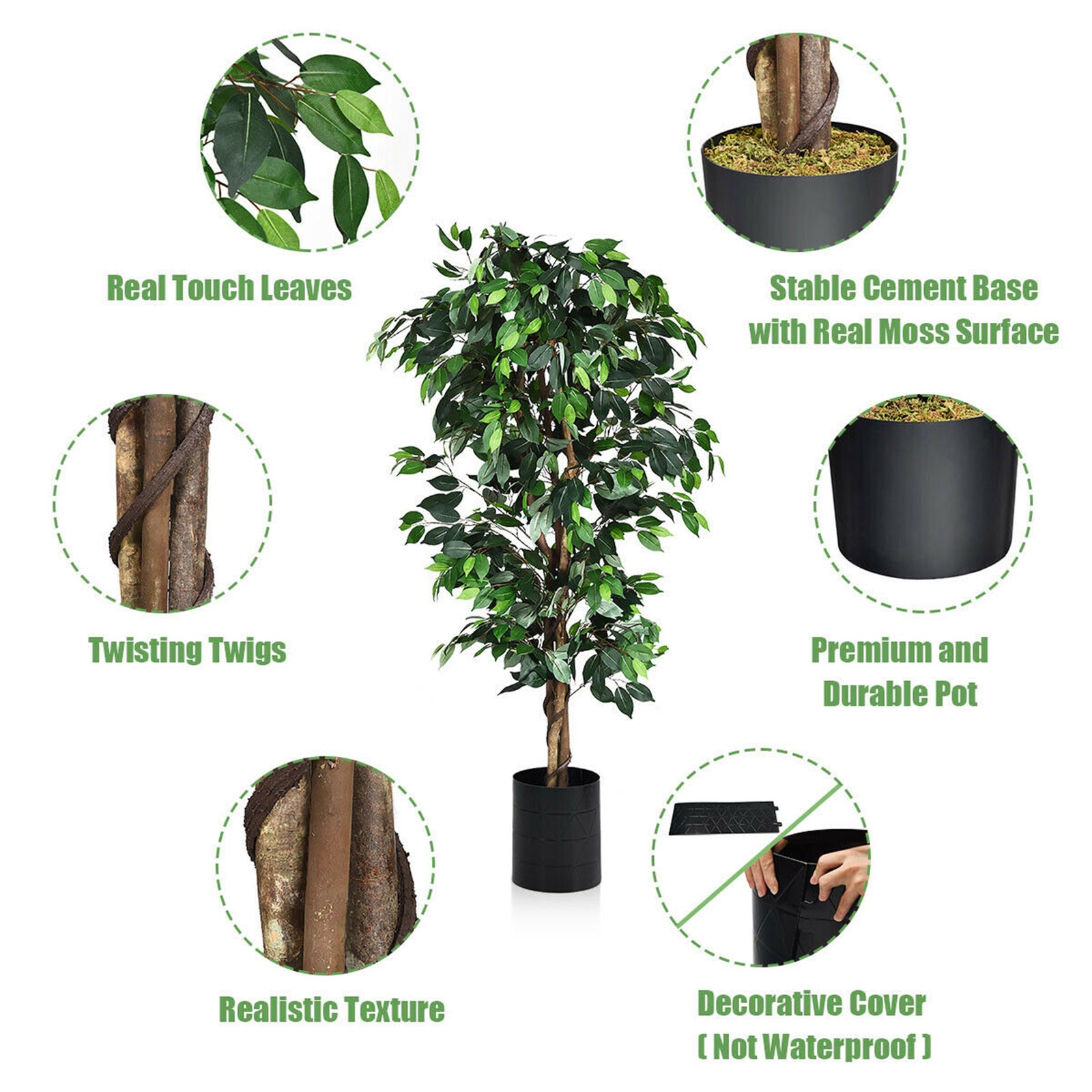 6Ft Artificial Ficus Tree Fake Greenery Plant Home Office Decoration
