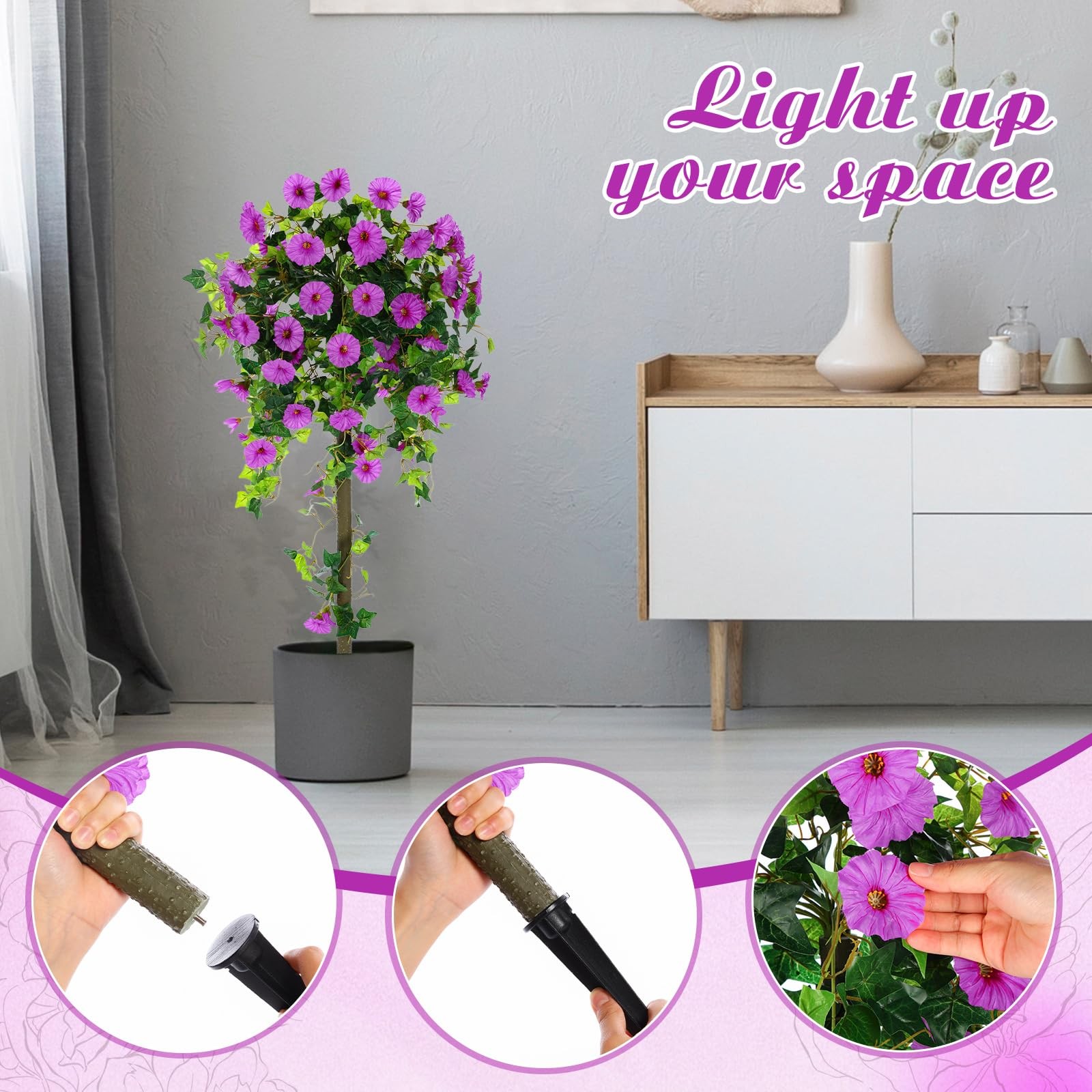 2 Pack Artificial Trees Faux Flowers 4Ft Tall Faux Morning Glory Trees with G…