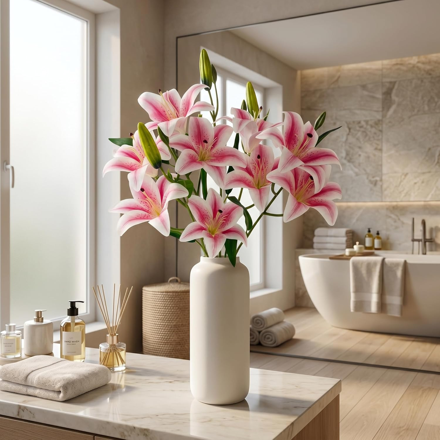 Artificial Lily Flowers with 9 Full Blooms & 3 Buds, Real Touch Long Stem Faux T