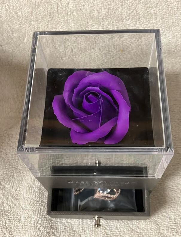 Preserved Purple Rose in Box with Heart Necklace- Gift of Eternal Love-New
