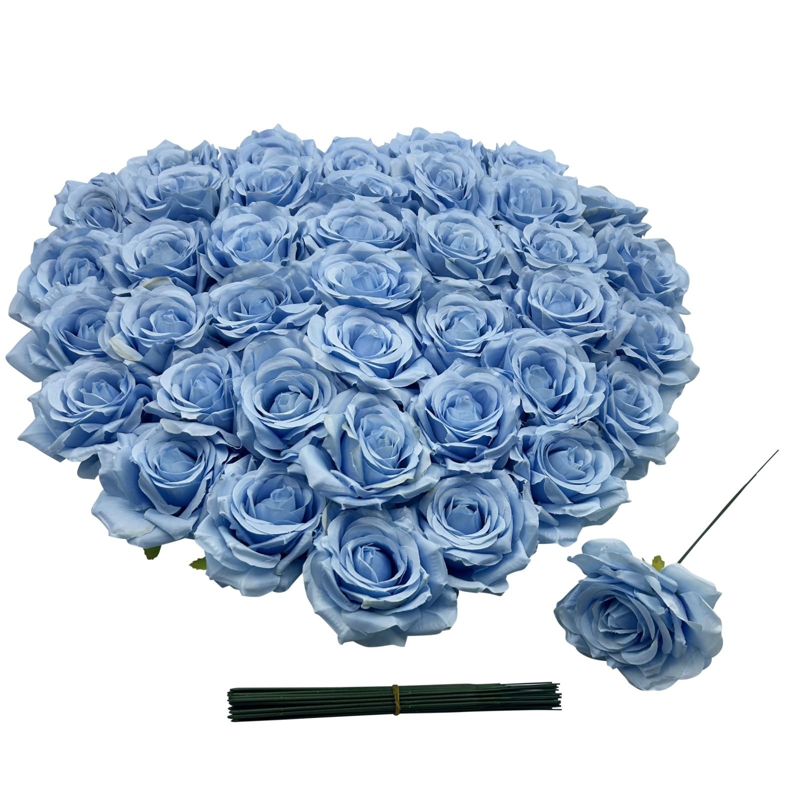 36 PCS 3.8 Inch Light Blue Artificial Silk Rose Flower Heads Fake Craft Wedding