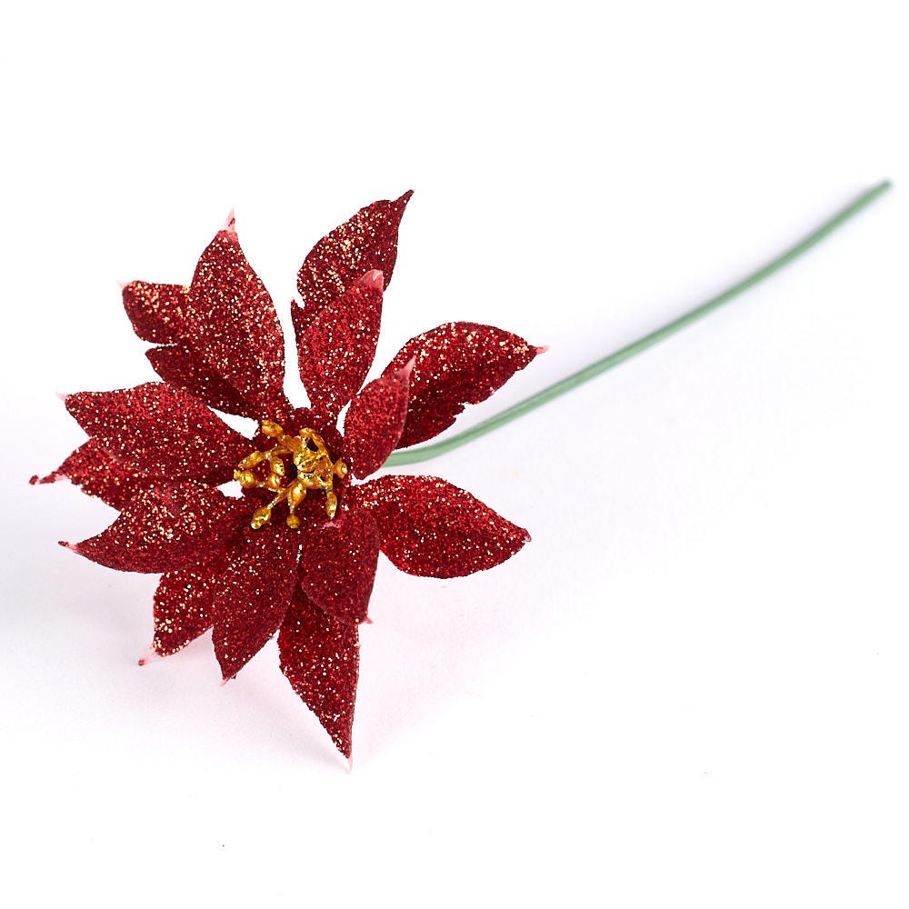 Bulk Package of 24 Artificial Red Glitter Poinsettia 6″ Picks