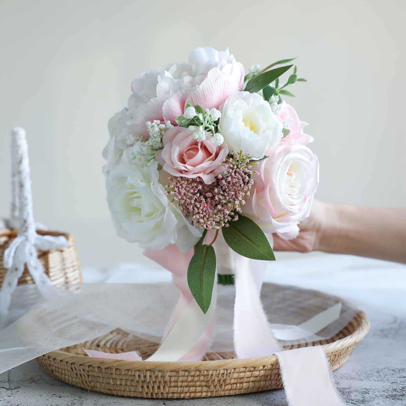 Blush Pink Ivory Artificial Rose Wedding Bouquet For Bride Bridesmaid