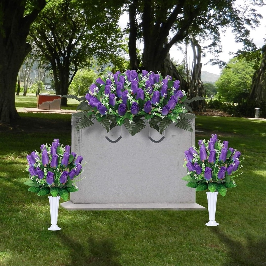 3 Sets Cemetery Flowers for Grave, Headstone Flower Saddle, Purple Rose Memorial