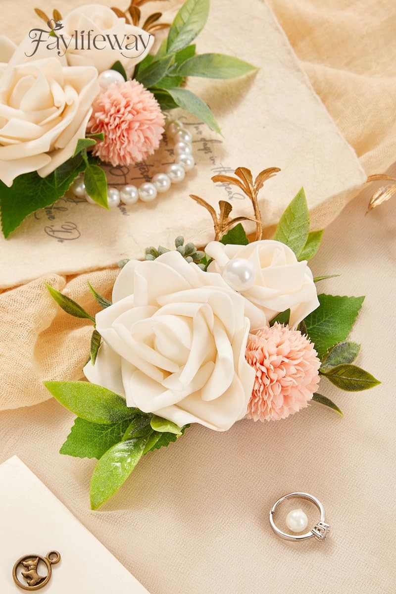 2 PCS White Rose Boutonniere Wrist Corsages Wedding Prom Corsage Wristlet