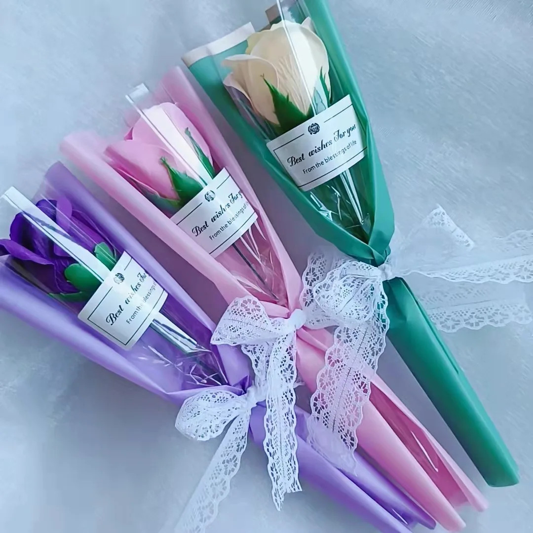 Single Soap Rose Artificial Bouquet with Plastic Packaging Scented Soap Flower f