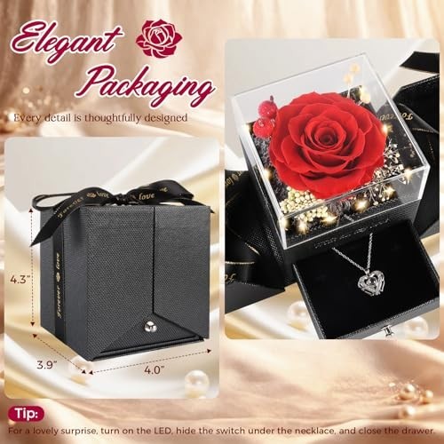 Real Red Rose Gift Box with Heart Necklace – ‘I Love You’ in 100 Languages, Perf