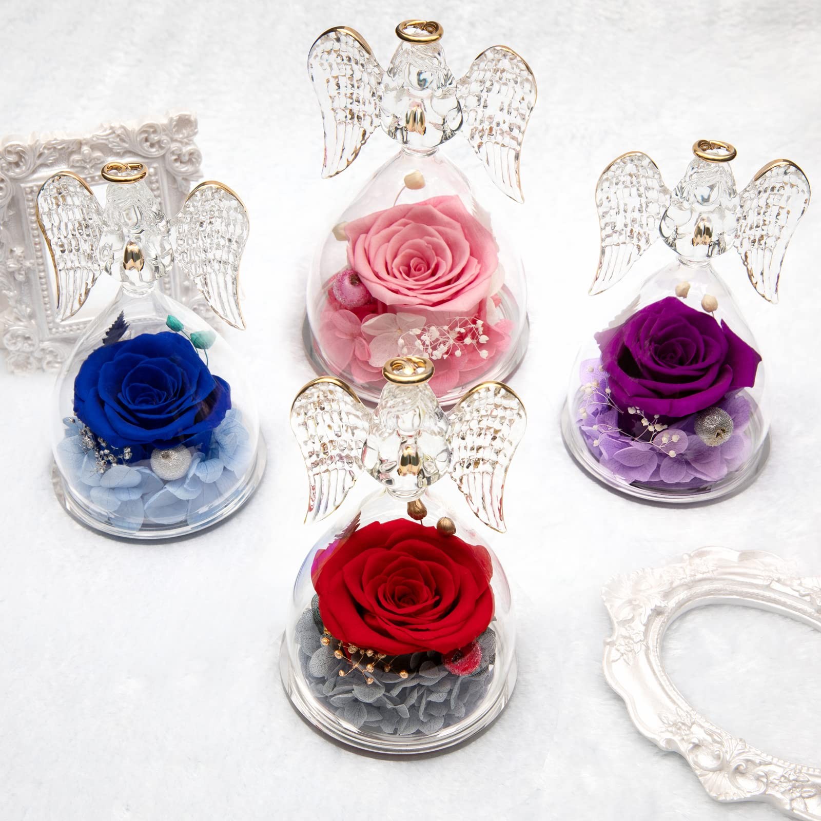 Angel Figurine Gift, Real Preserved Rose, Mom Birthday, Mothers Day, Blue