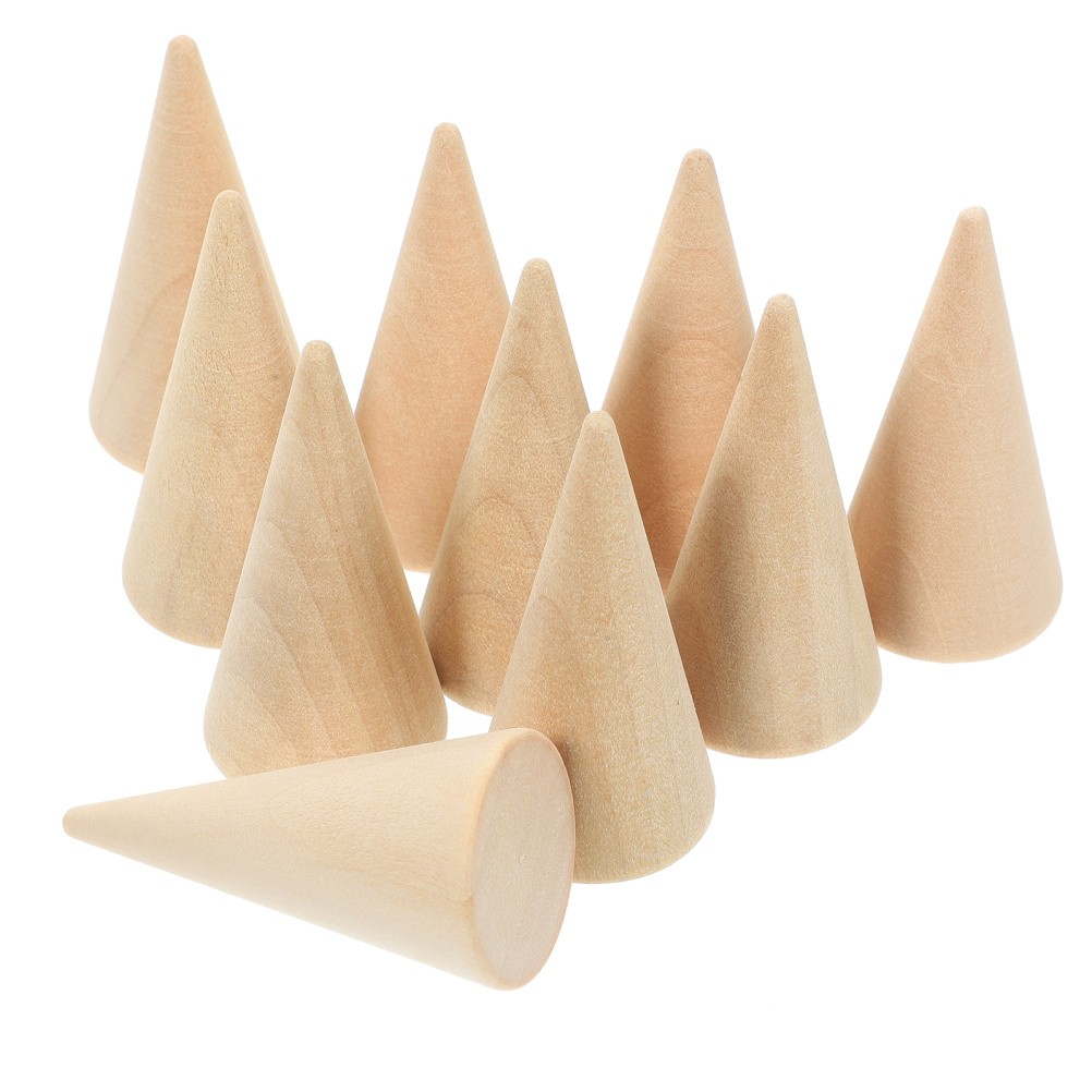 10Pcs DIY Craft Cones Wooden Beige Unpainted Ornament Ring Holder Stand