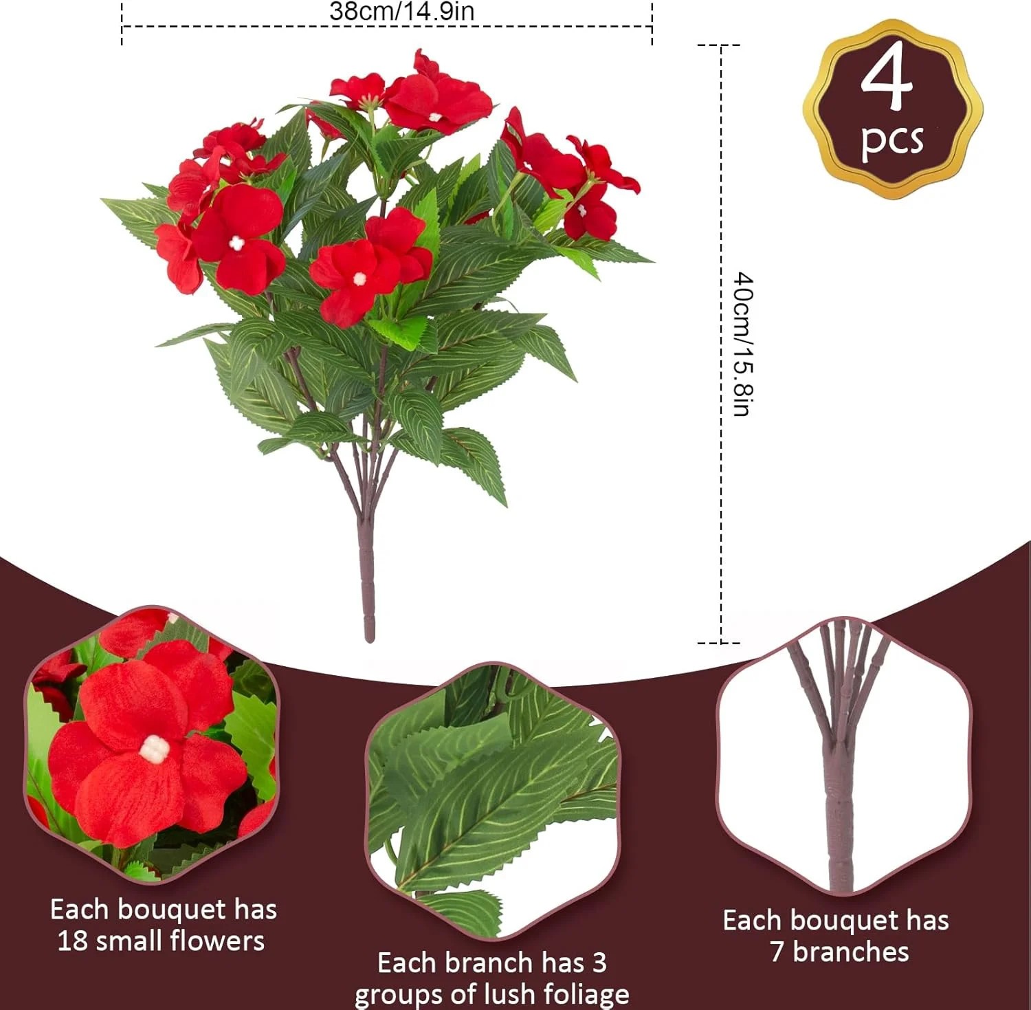 Daynight 4 Pcs Artificial Impatiens Flowers for Outdoor Flowers UV Resistant Fau