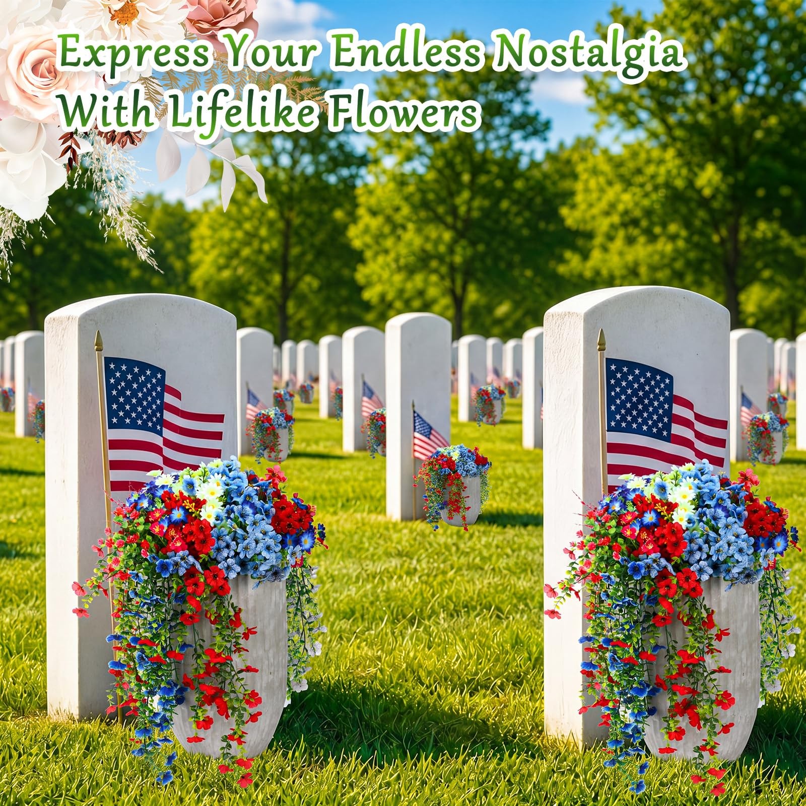 30 Pcs Red White and Blue Artificial Flowers for Outdoors, Faux Patriotic Flo…