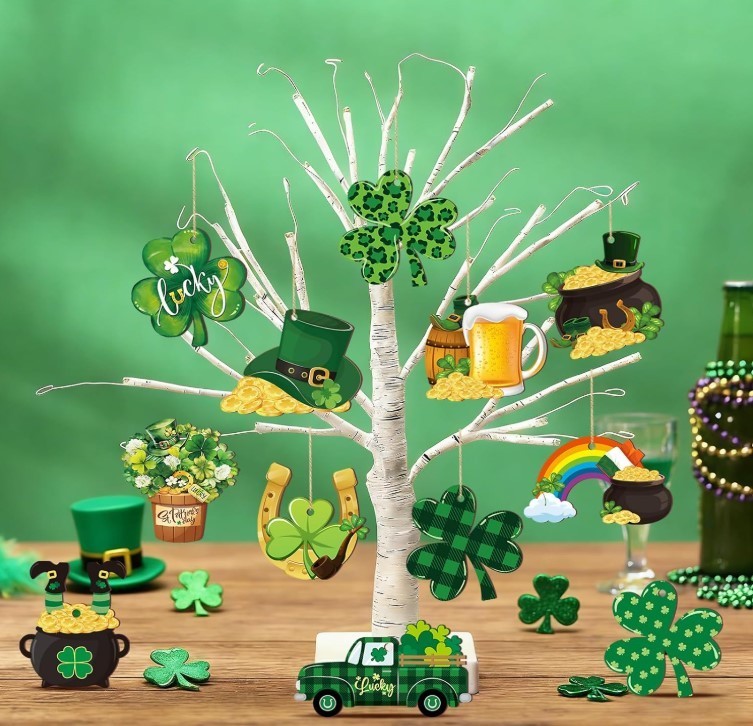 24 Pcs St Patricks Day Ornaments for Tree Wooden Shamrock Tree Large Green