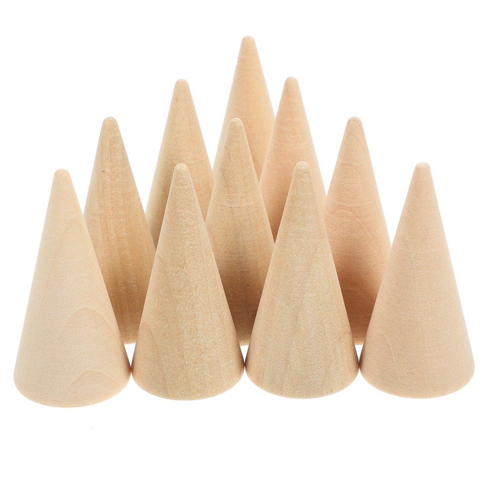10Pcs DIY Craft Cones Wooden Beige Unpainted Ornament Ring Holder Stand