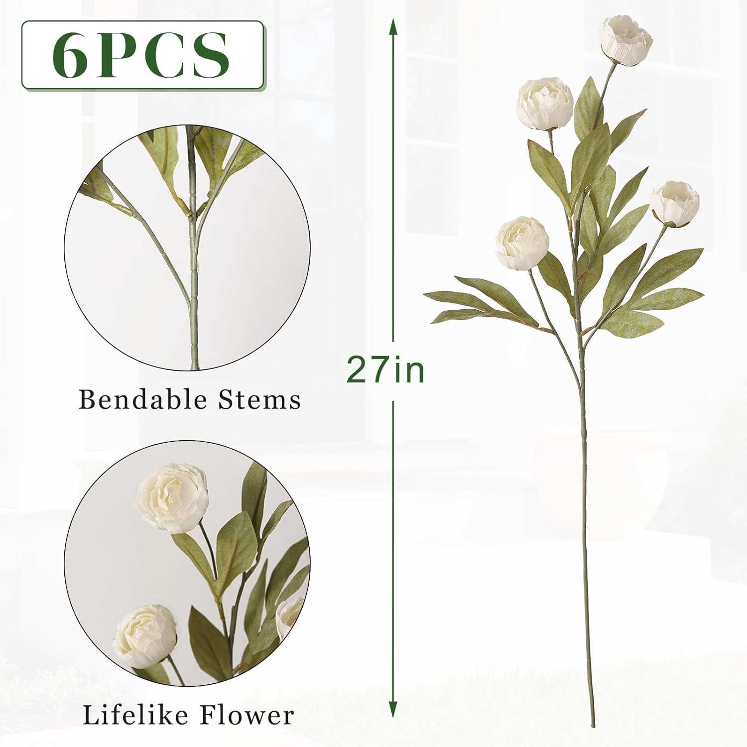 6 PCS 27″ Cream Artificial Peony Branches – Realistic Silk Flowers for Home Deco