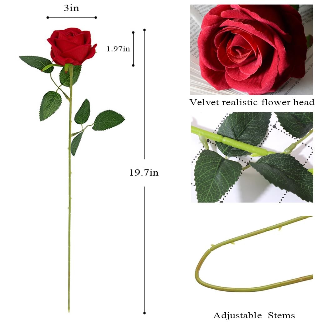 Red Realistic Velvet Silk Artificial Roses Faux Flowers Bouquet 50 PCS Decor