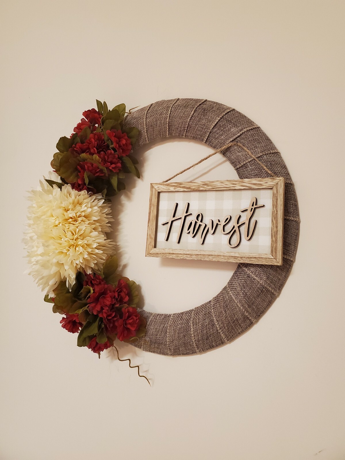HARVEST fall FLOWER chrysanthemum mums red burlap WREATH autumn Decor Front Door