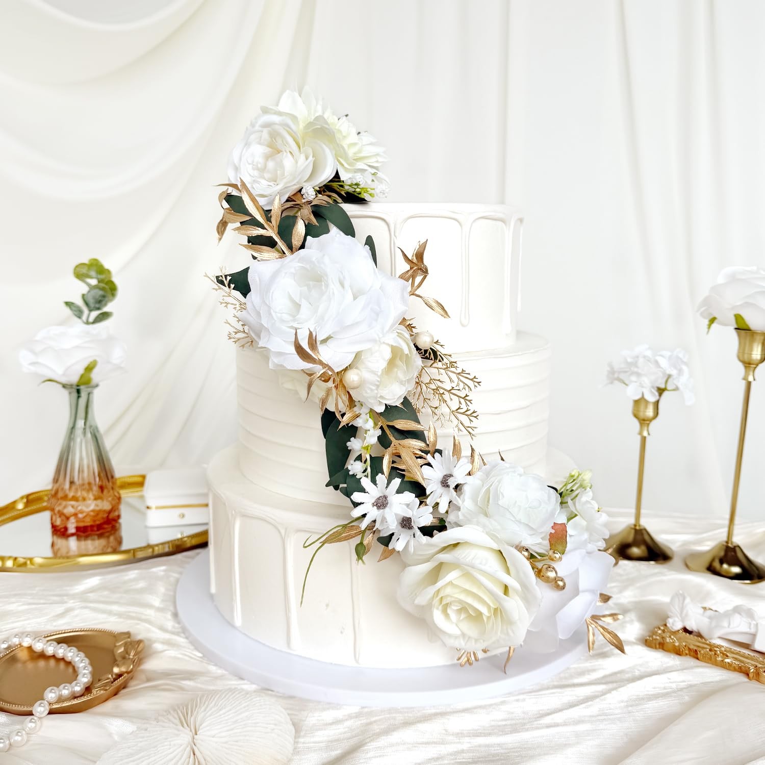 Pre-made Ivory White Gold Flower Cake Topper Decorations Artificial Flowers f…