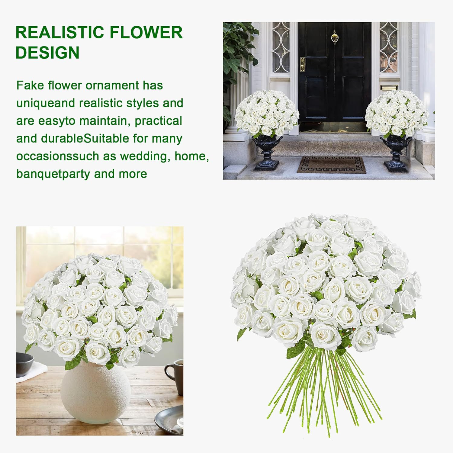 100PCS White Silk Rose Bouquet for Weddings, Home Decor & DIY Projects