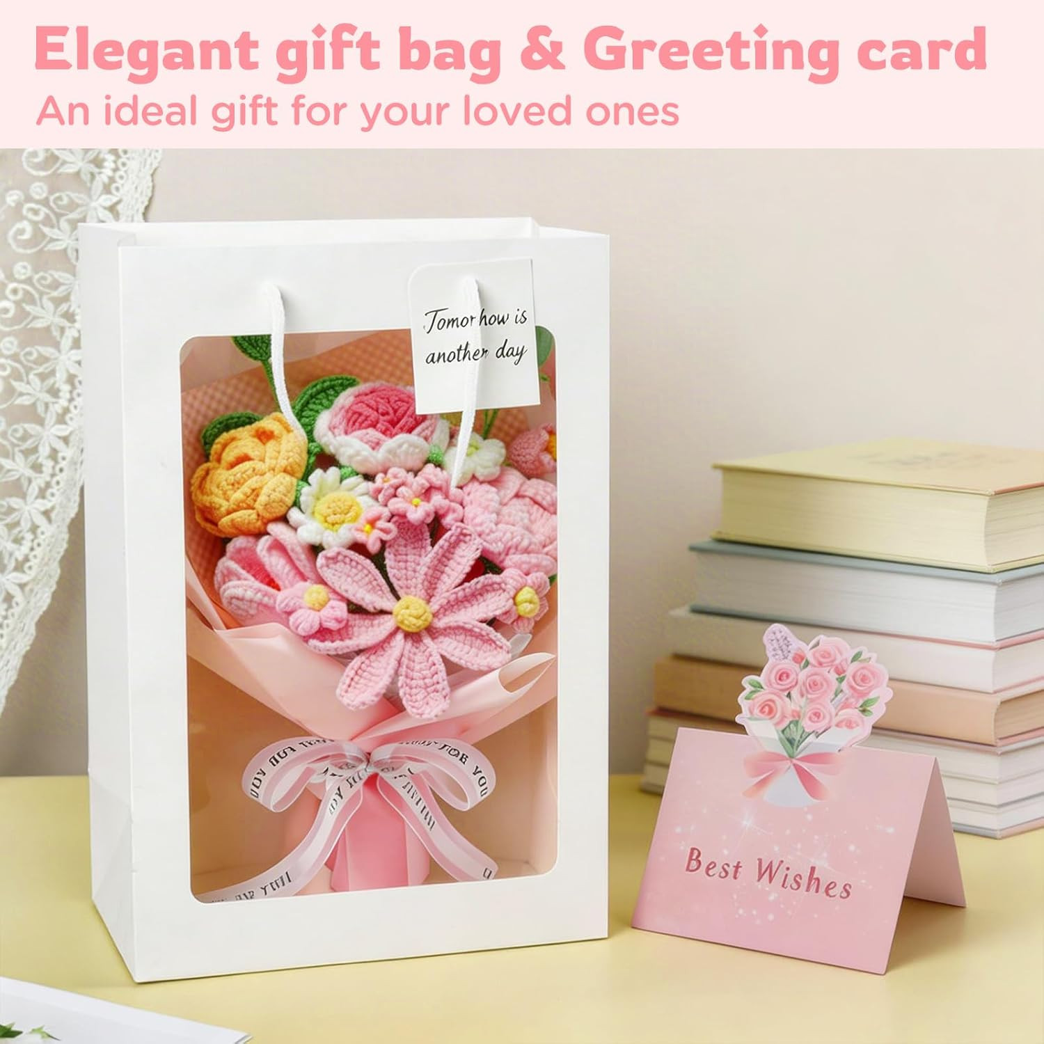 Crochet Flower Bouquet Pink, Handmade Knitted Floral, Crochet Tulips Galsang Flo