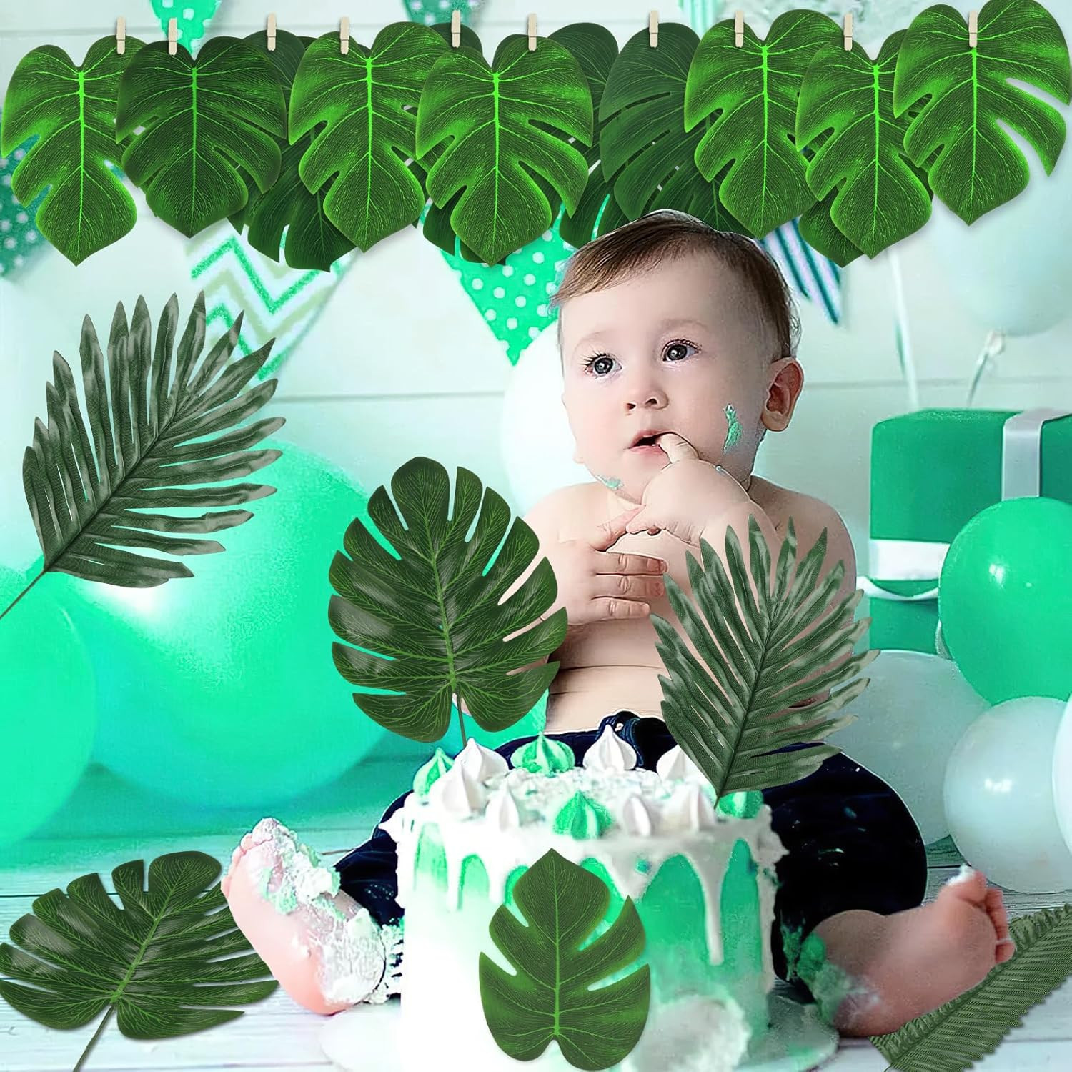 54 Pieces 7 Kinds Artificial Tropical Leaf Jungle Leaves Plant Safari Leaves Dec