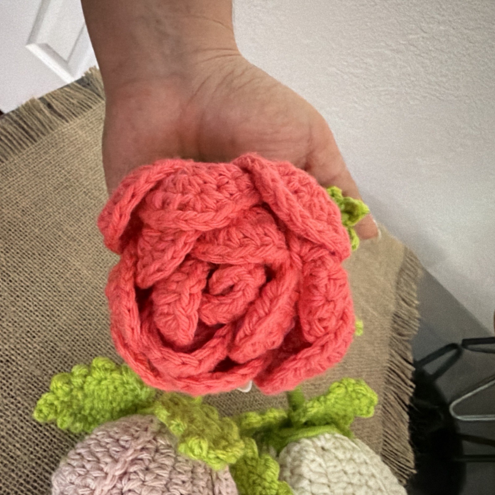 Handmade Crocheted Yarn Artificial Flower Bouquet Roses Pink White Red