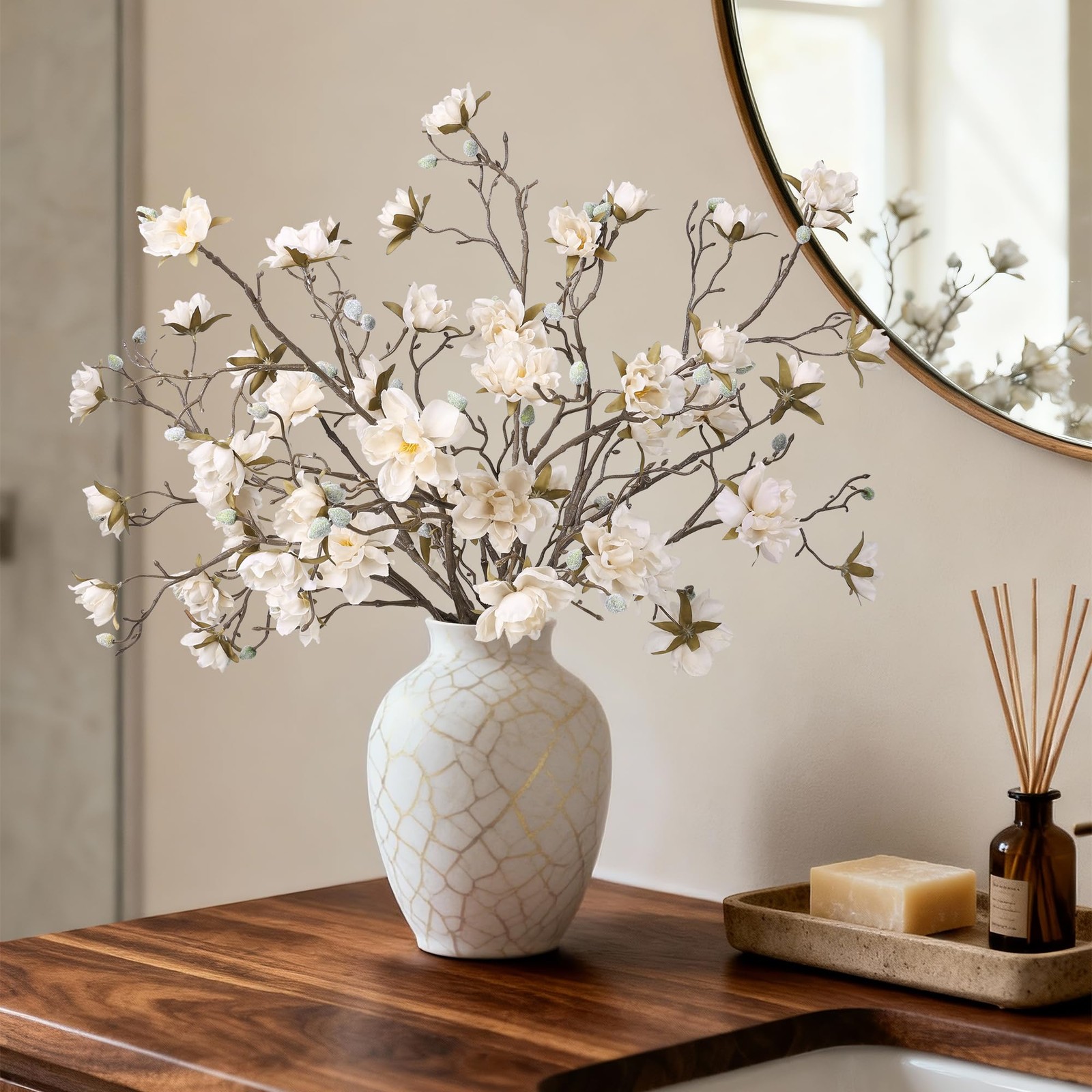 HyeFlora 3PCS Artificial Magnolia Flowers Stems for Spring Decoration, Faux C…
