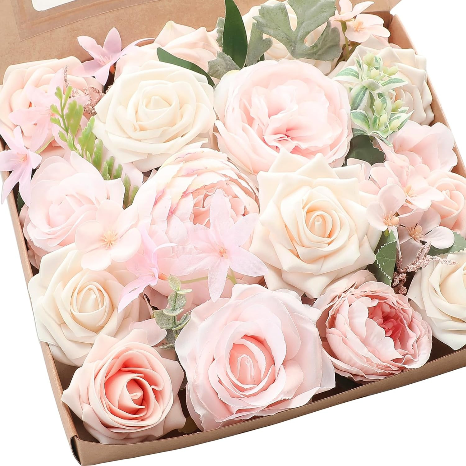 Pink Blush Blue Artificial Flowers Fake Roses Peonies and Greenery Combo Box Set