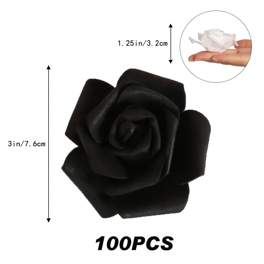 100pcs Black Roses Artificial Flowers,3inch White Foam Fake Rose Heads Stemle…