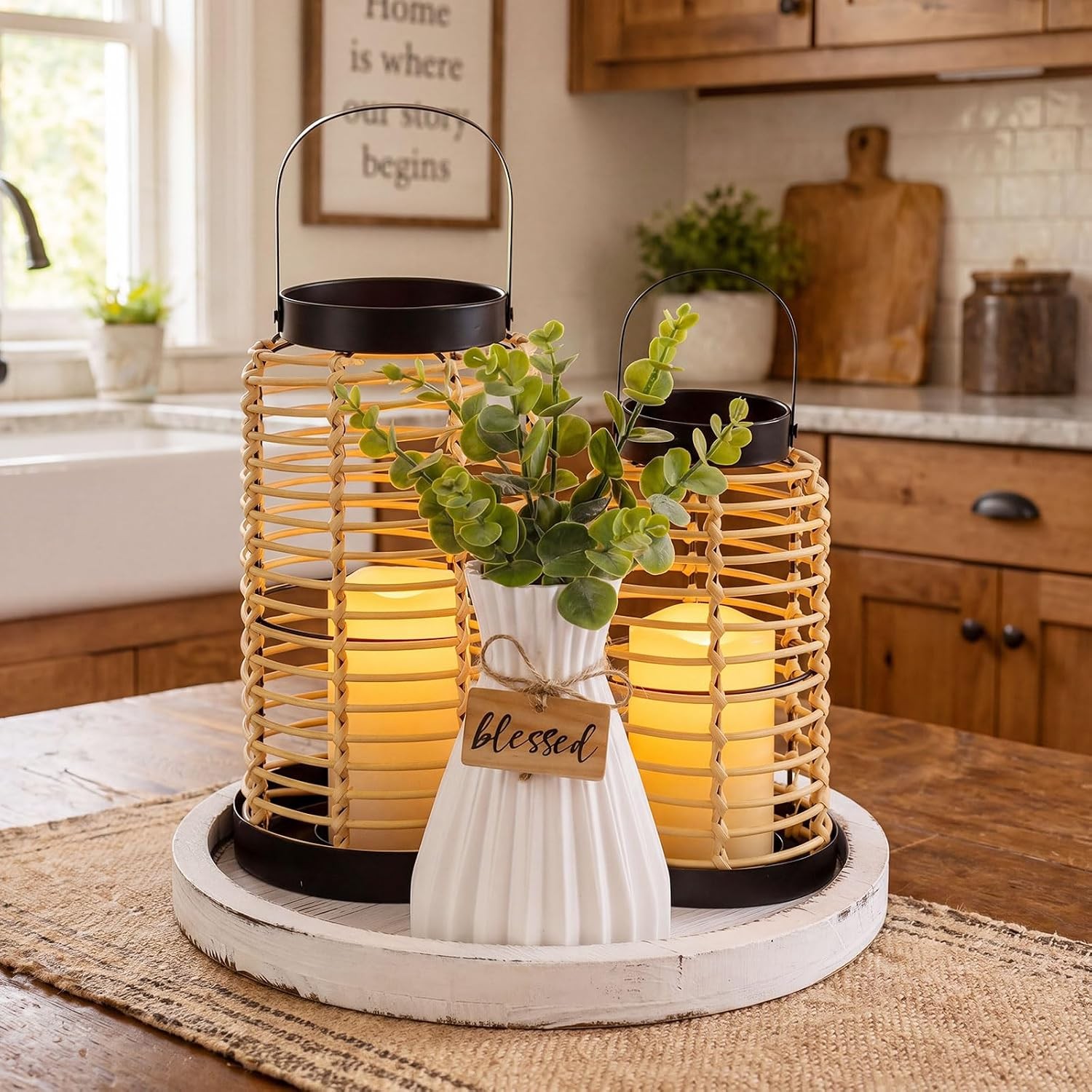 6 Pcs Natural Rattan Boho Lanterns Rustic Farmhouse Decor Dining Table