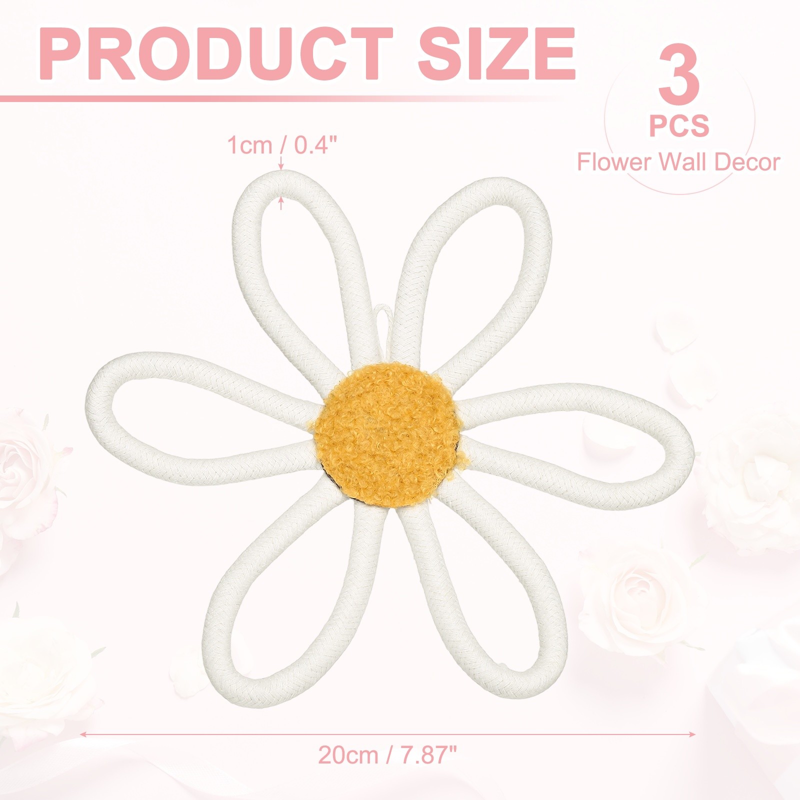 3Pcs Daisies Floral Wall Decor 8″ Flower Art Decor Woven Macrame Beige,