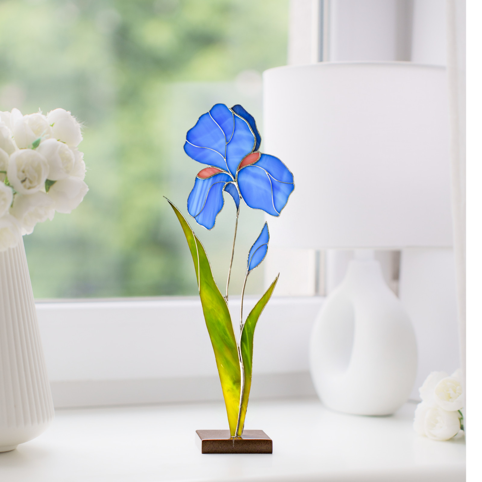 Iris Stained Glass Plant Decor – Faux Flower Table Art Gift for Her