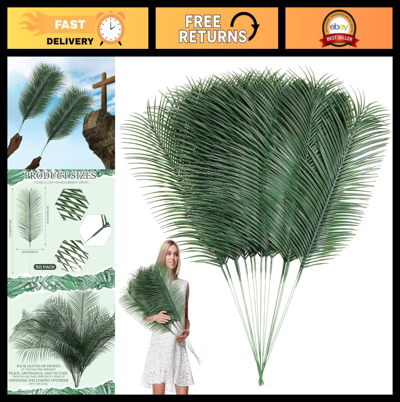 50 Pcs Large Palm Leaves 31″ – Artificial Greenery for Luau, Beach, Safari Parti