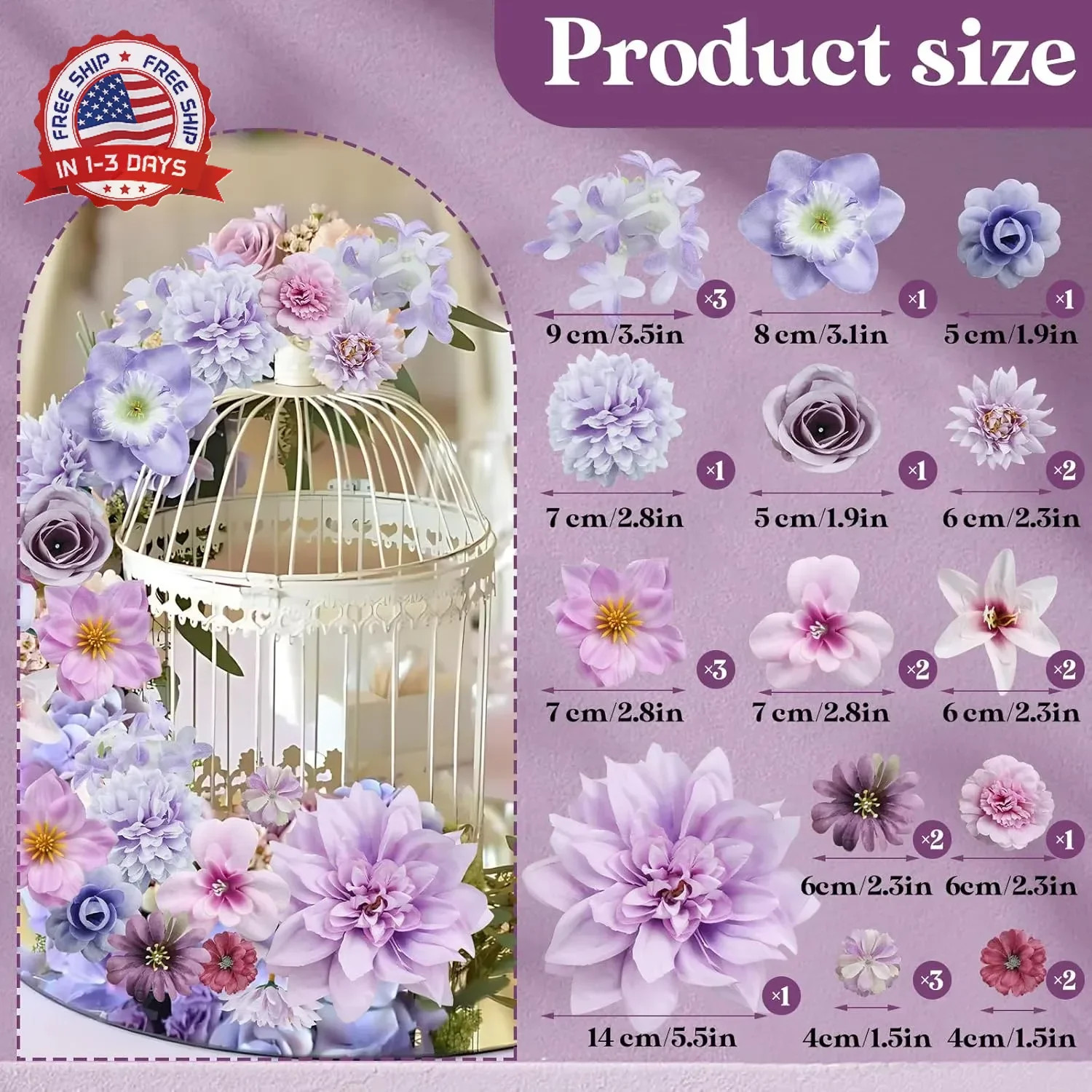 QUOZUO Artificial Flower Heads, Mini Silk Roses Peonies Daisy Purple Floral Fake