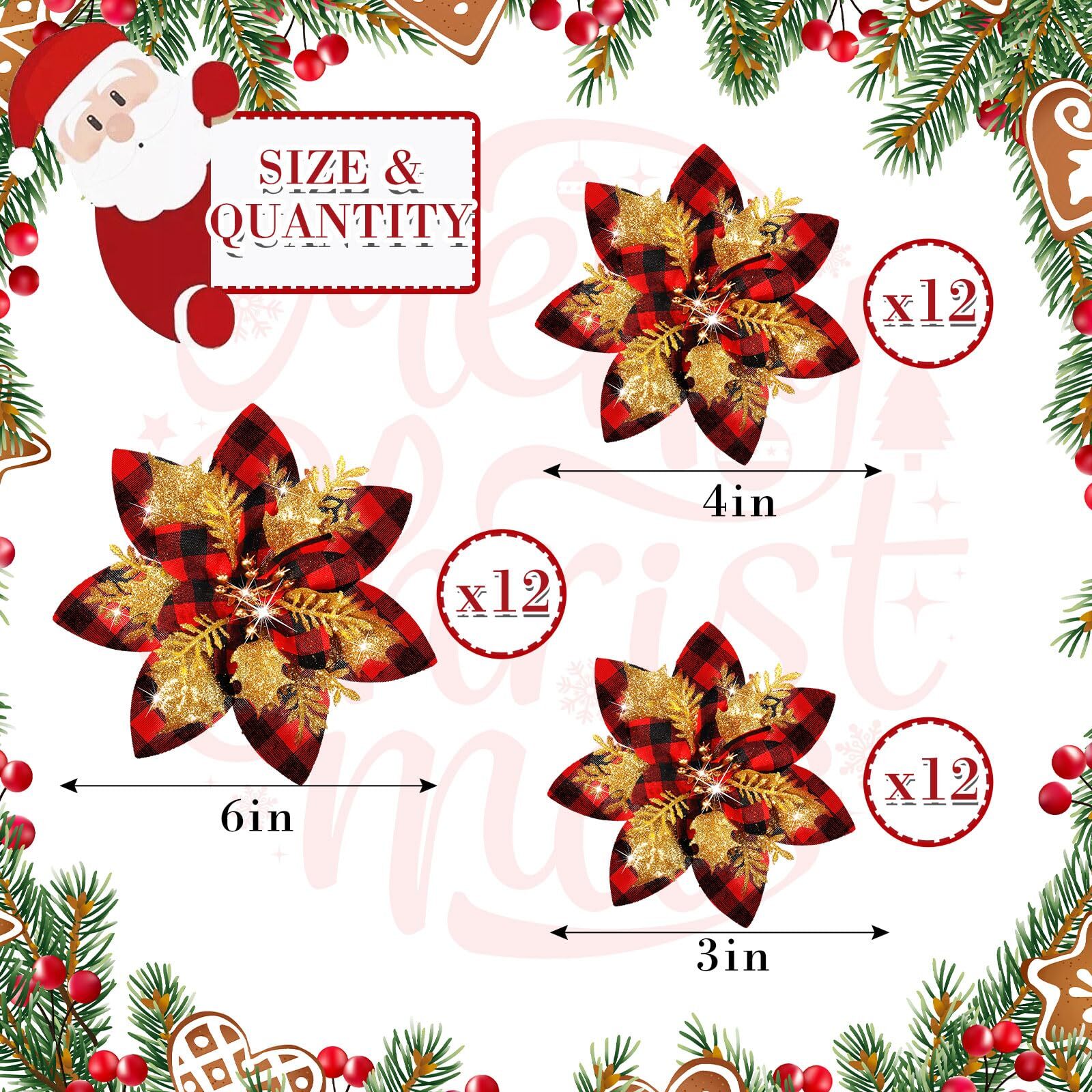 36Pcs Christmas Glitter Poinsettia Flowers Red Black Gold Xmas Tree Ornaments