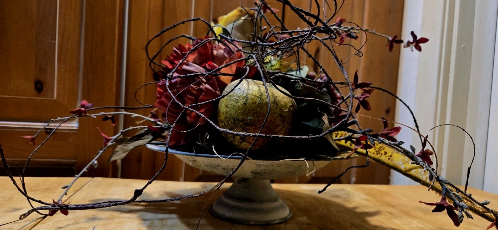 Arrangement of Dried Fruits & Flowers Centerpiece Metal Compote 14WX14WX13″Tall