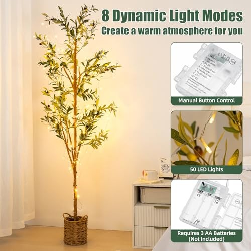 6ft Artificial Olive Tree with LED Fairy Lights, Tall Faux Potted 5ft 11in