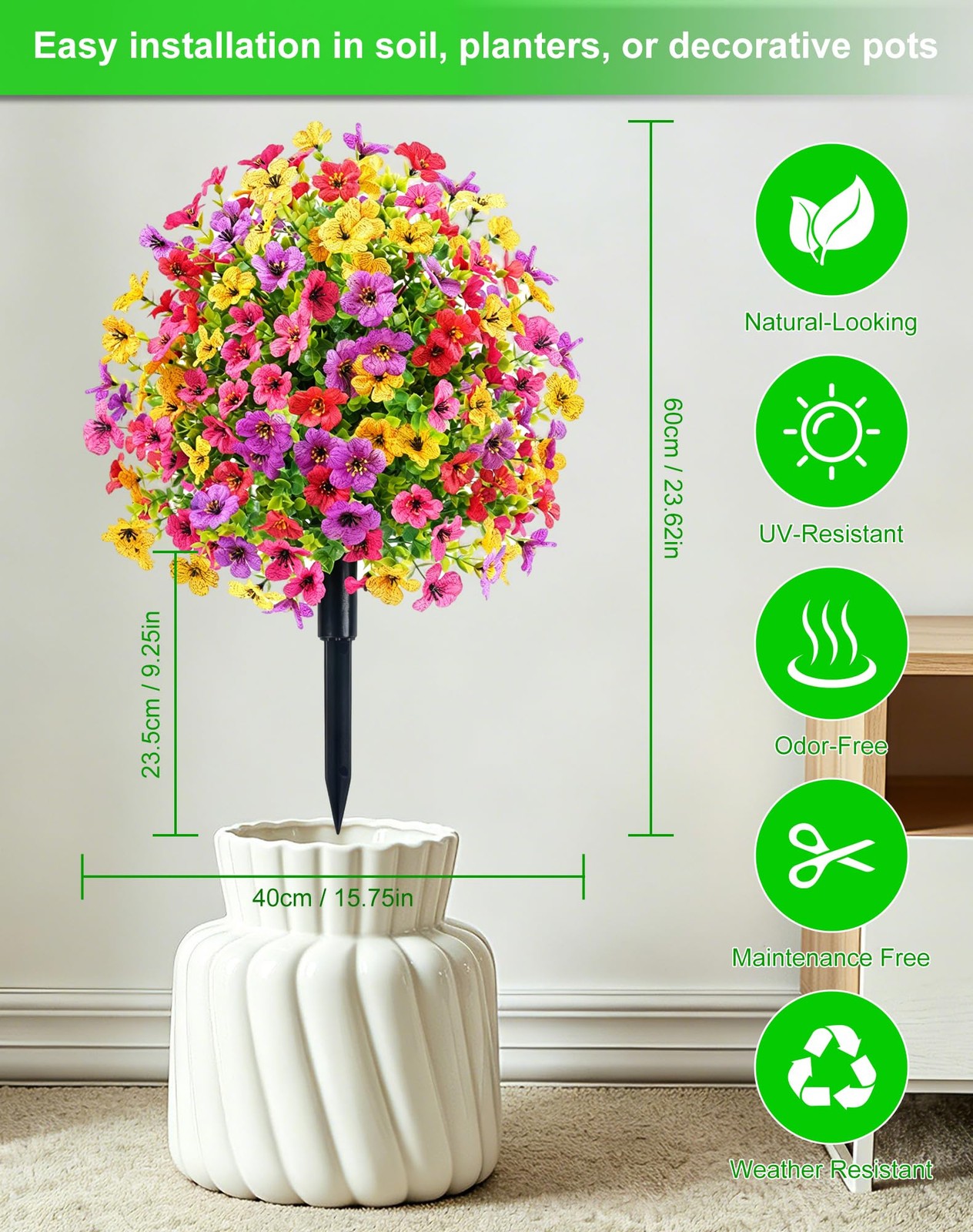 Artificial Topiary Ball Tree Violet Flowers with Spike, 2 Pack 23.6″ Faux Pla…