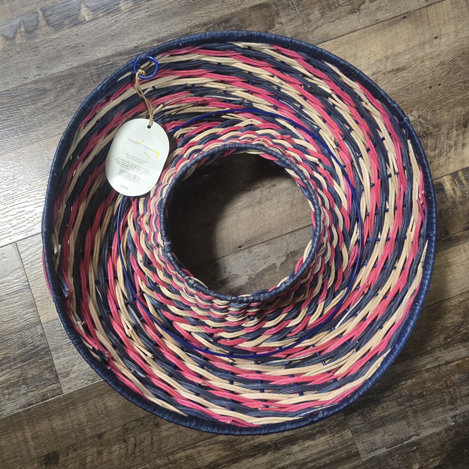 New Threshold Round Handcrafted Rattan Wreath Floral Decor 16″ Red Blue Tan