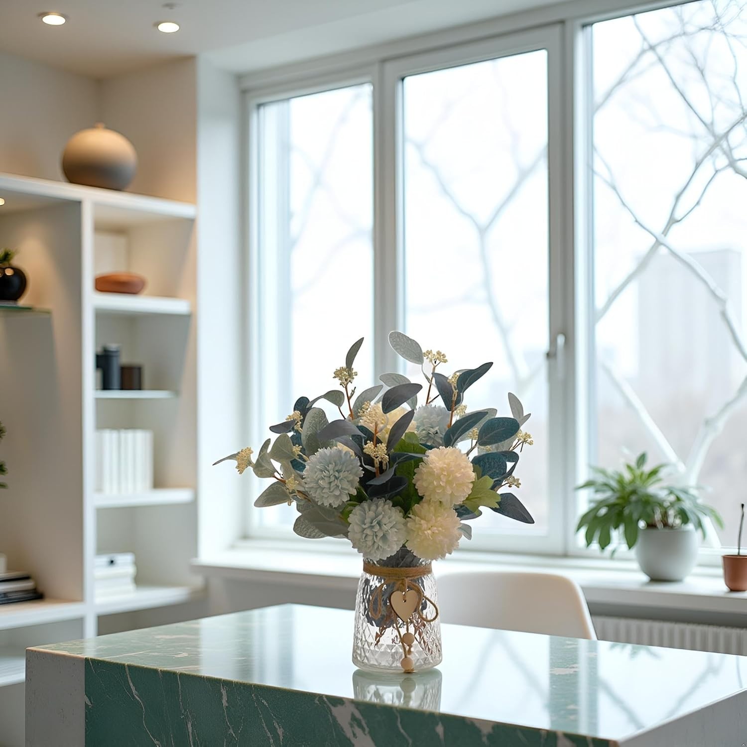 Elegant Silk Hydrangea Table Centerpiece in Glass Vase
